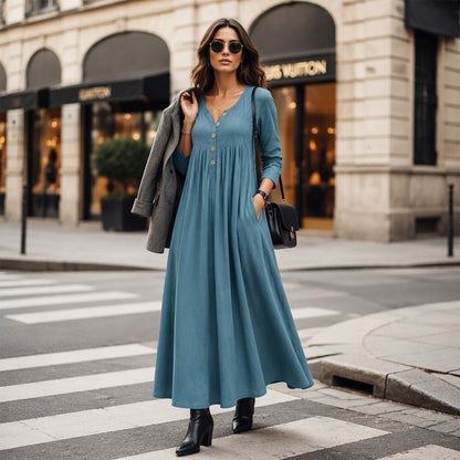 🌸Hot Sale 50% OFF💖Women's V-Neck Button Pleated Dress – Elegant Flowy Midi Dress For Effortless Everyday Style🤍