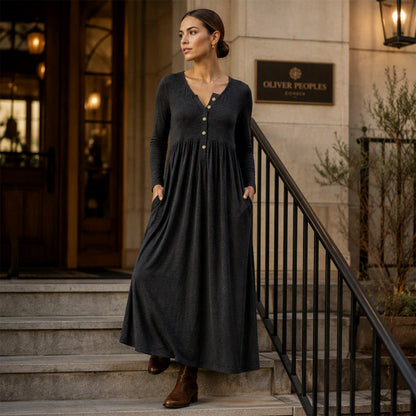 🌸Hot Sale 50% OFF💖Women's V-Neck Button Pleated Dress – Elegant Flowy Midi Dress For Effortless Everyday Style🤍