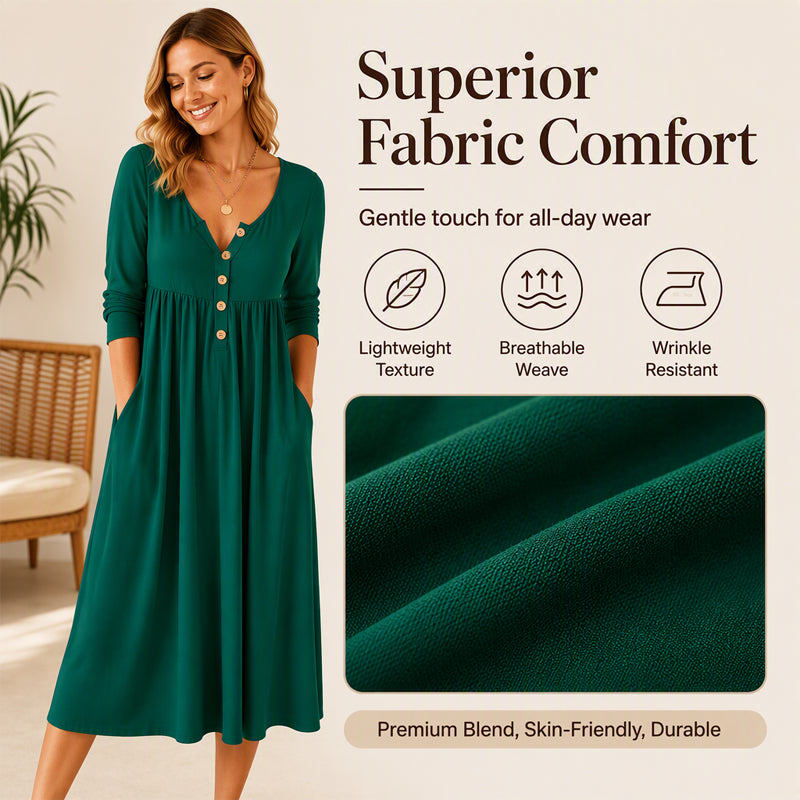 🌸Hot Sale 50% OFF💖Women's V-Neck Button Pleated Dress – Elegant Flowy Midi Dress For Effortless Everyday Style🤍