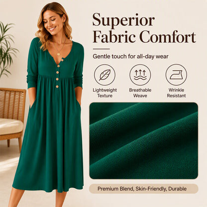 🌸Hot Sale 50% OFF💖Women's V-Neck Button Pleated Dress – Elegant Flowy Midi Dress For Effortless Everyday Style🤍