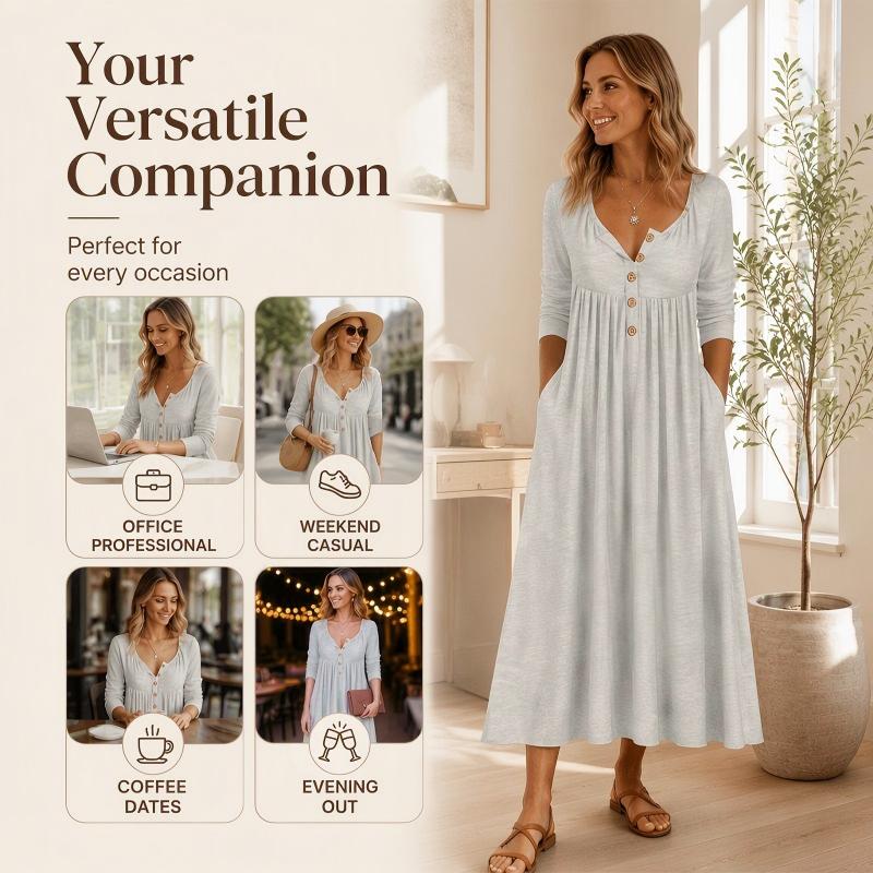 🌸Hot Sale 50% OFF💖Women's V-Neck Button Pleated Dress – Elegant Flowy Midi Dress For Effortless Everyday Style🤍
