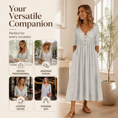 🌸Hot Sale 50% OFF💖Women's V-Neck Button Pleated Dress – Elegant Flowy Midi Dress For Effortless Everyday Style🤍