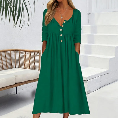 🌸Hot Sale 50% OFF💖Women's V-Neck Button Pleated Dress – Elegant Flowy Midi Dress For Effortless Everyday Style🤍