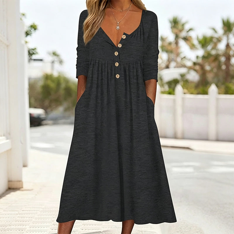 🌸Hot Sale 50% OFF💖Women's V-Neck Button Pleated Dress – Elegant Flowy Midi Dress For Effortless Everyday Style🤍