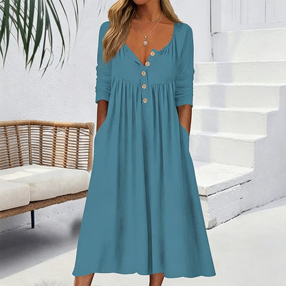🌸Hot Sale 50% OFF💖Women's V-Neck Button Pleated Dress – Elegant Flowy Midi Dress For Effortless Everyday Style🤍