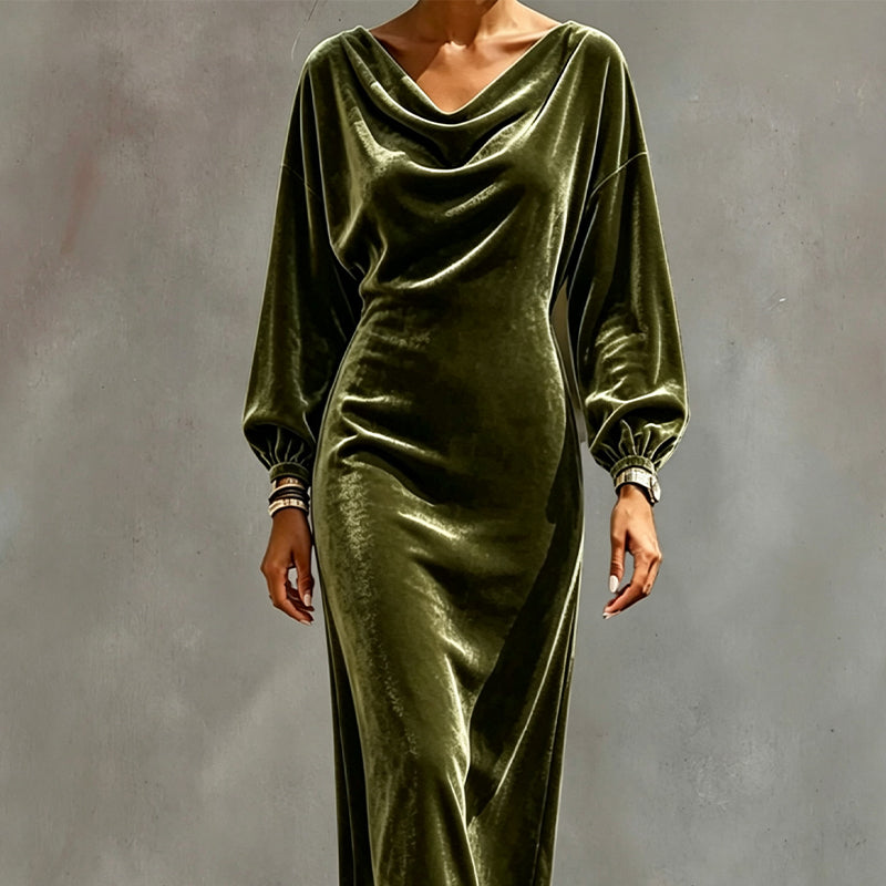 ⌛Limited-Time Offer-Women's Elegant Velvet Cowl Neck Dress – Luxe Soft Texture With Flattering Feminine Silhouette 🤍