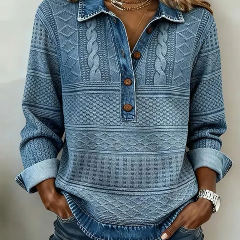 Women’s Denim Patchwork Lapel Long-Sleeve Shirt