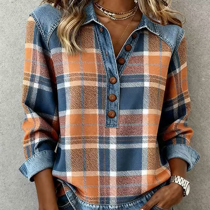 Women’s Denim Patchwork Lapel Long-Sleeve Shirt