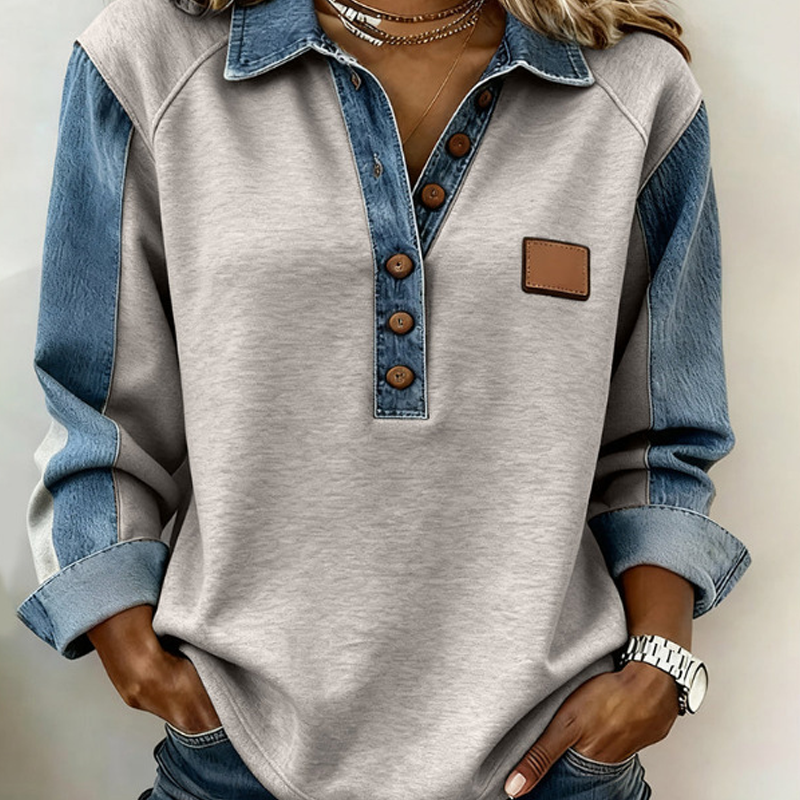 Women’s Denim Patchwork Lapel Long-Sleeve Shirt