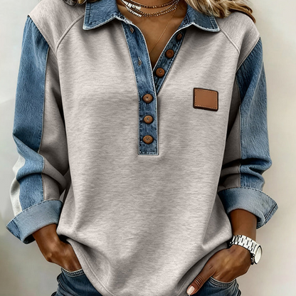 Women’s Denim Patchwork Lapel Long-Sleeve Shirt