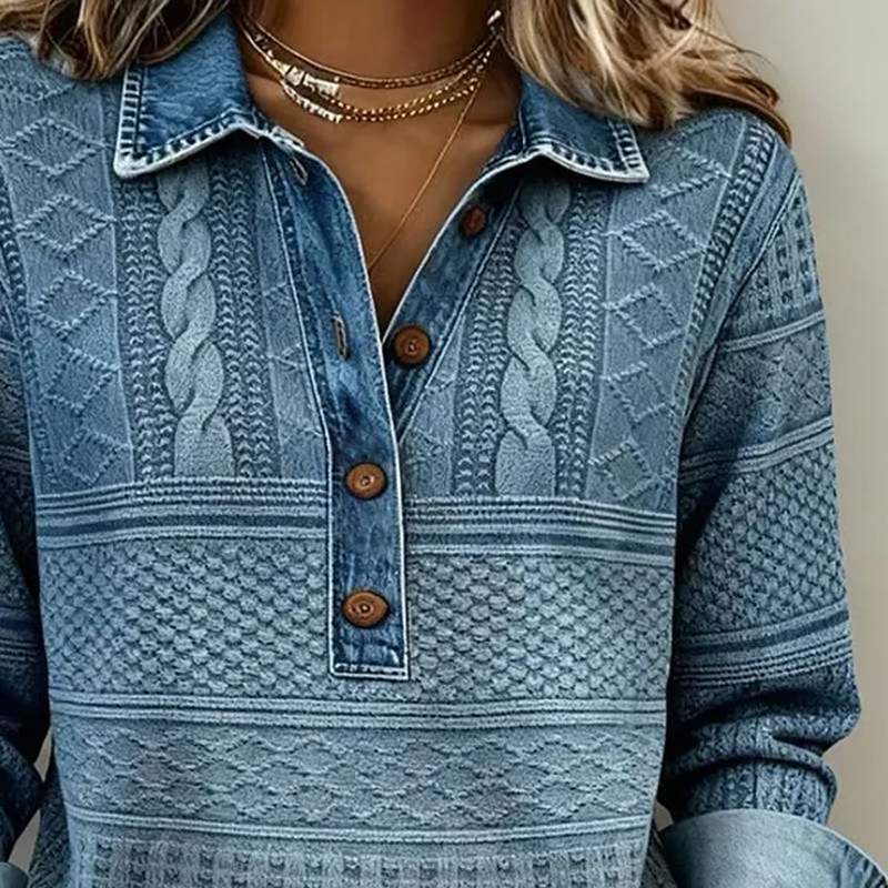 Women’s Denim Patchwork Lapel Long-Sleeve Shirt
