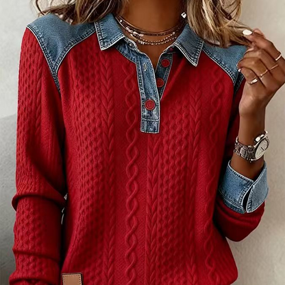 Women’s Denim Patchwork Lapel Long-Sleeve Shirt