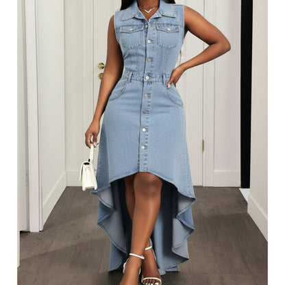 ✨ Women's Sleeveless Denim Midi Dress – Chic Asymmetrical Hem For Effortless Everyday Style 👗