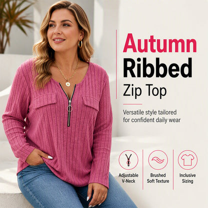 Women's Zipper V-Neck Ribbed Knit Long Sleeve Top