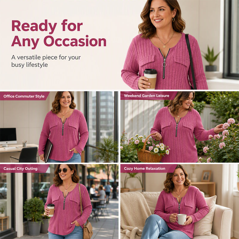 Women's Zipper V-Neck Ribbed Knit Long Sleeve Top