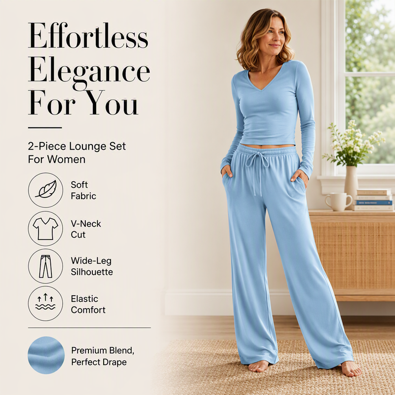 👚 Women's V-Neck Long-Sleeve Top & Wide-Leg Pants Set – Effortless Autumn Elegance