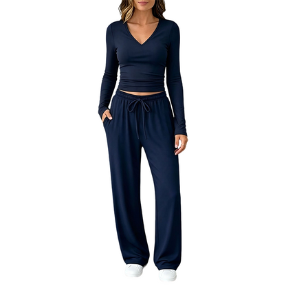 👚 Women's V-Neck Long-Sleeve Top & Wide-Leg Pants Set – Effortless Autumn Elegance