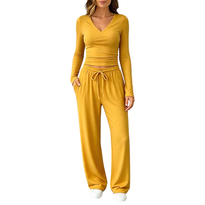 👚 Women's V-Neck Long-Sleeve Top & Wide-Leg Pants Set – Effortless Autumn Elegance