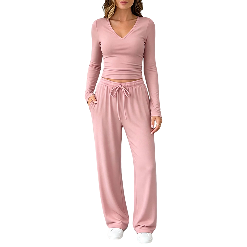 👚 Women's V-Neck Long-Sleeve Top & Wide-Leg Pants Set – Effortless Autumn Elegance