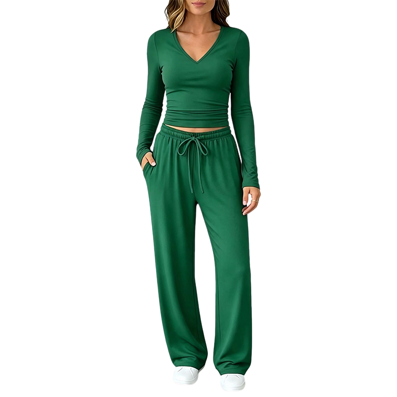 👚 Women's V-Neck Long-Sleeve Top & Wide-Leg Pants Set – Effortless Autumn Elegance