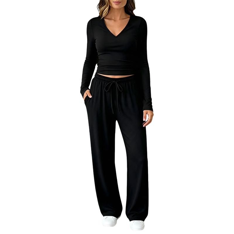 👚 Women's V-Neck Long-Sleeve Top & Wide-Leg Pants Set – Effortless Autumn Elegance