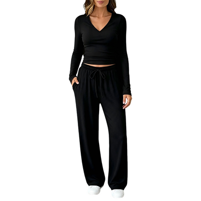 👚 Women's V-Neck Long-Sleeve Top & Wide-Leg Pants Set – Effortless Autumn Elegance