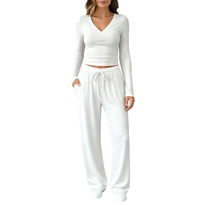 👚 Women's V-Neck Long-Sleeve Top & Wide-Leg Pants Set – Effortless Autumn Elegance