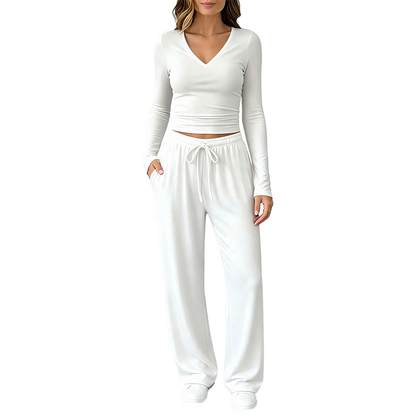 👚 Women's V-Neck Long-Sleeve Top & Wide-Leg Pants Set – Effortless Autumn Elegance