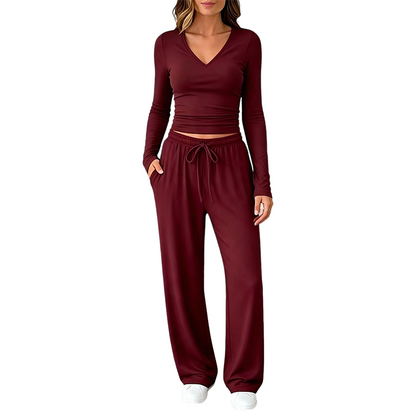 👚 Women's V-Neck Long-Sleeve Top & Wide-Leg Pants Set – Effortless Autumn Elegance