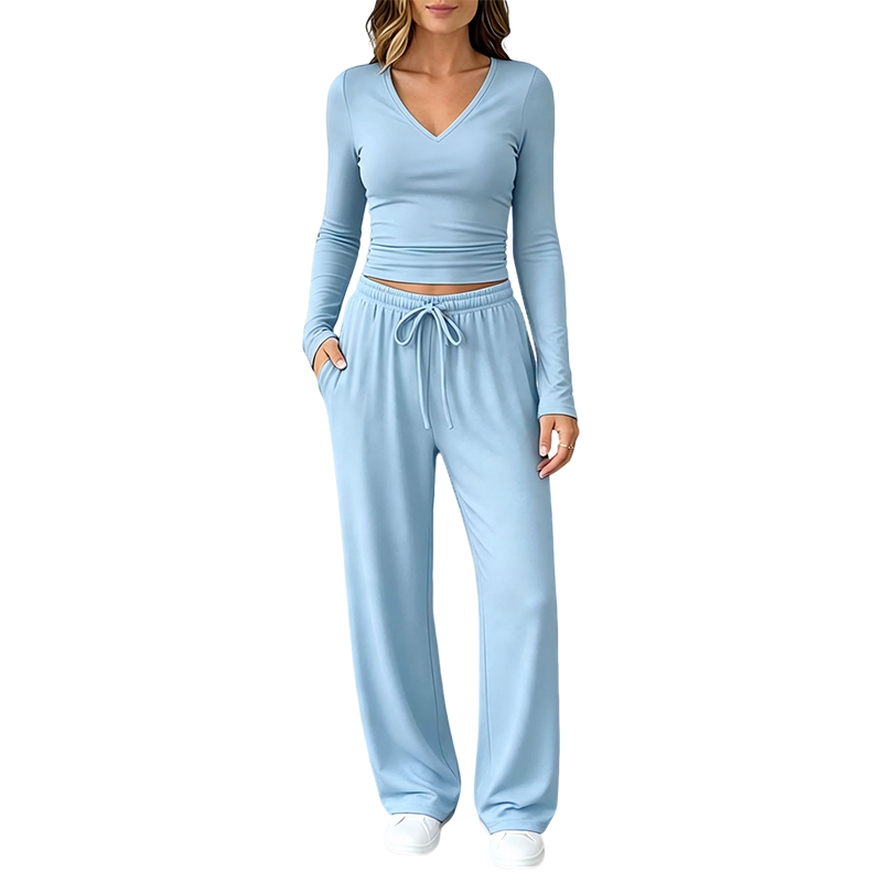 👚 Women's V-Neck Long-Sleeve Top & Wide-Leg Pants Set – Effortless Autumn Elegance