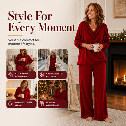 🍂 Women's Cowl Neck Top and Wide-Leg Pants Set – Effortless Elegance for Autumn
