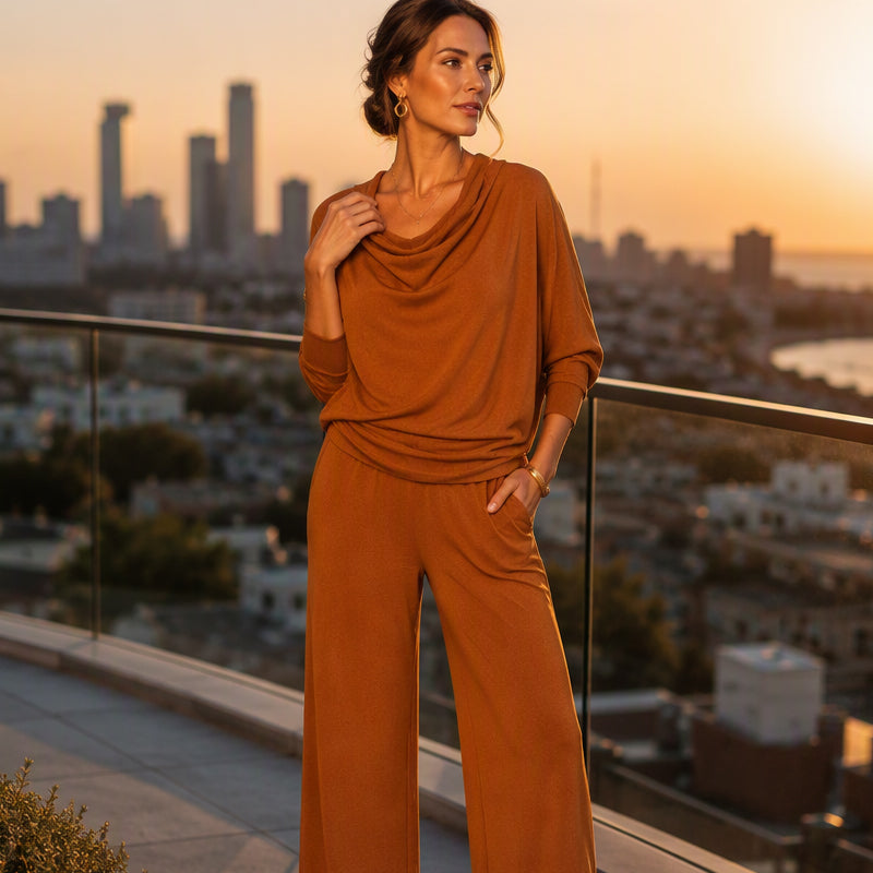 🍂 Women's Cowl Neck Top and Wide-Leg Pants Set – Effortless Elegance for Autumn