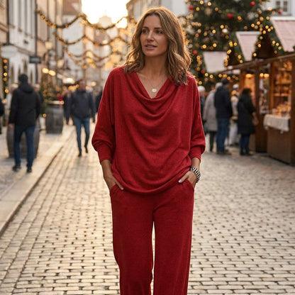 🍂 Women's Cowl Neck Top and Wide-Leg Pants Set – Effortless Elegance for Autumn