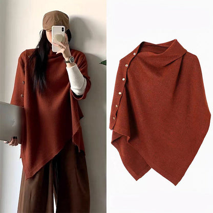 Women's Cozy Asymmetrical Poncho with Button Details