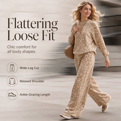 🌸Hot Sale💖Women's Leopard Print Sweatshirt & Wide-Leg Pants Set