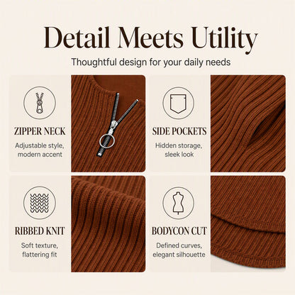🍂 Women's Front Zipper Ribbed Knit Dress – Flattering Comfort Meets Effortless Autumn Style