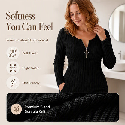 🍂 Women's Front Zipper Ribbed Knit Dress – Flattering Comfort Meets Effortless Autumn Style