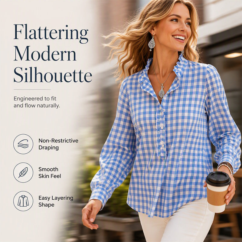 Women's Gingham Ruffle Casual Long Sleeve Shirt
