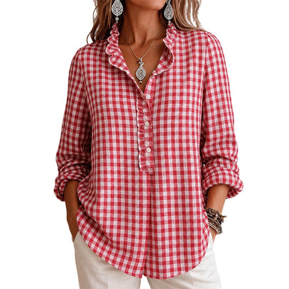 Women's Gingham Ruffle Casual Long Sleeve Shirt