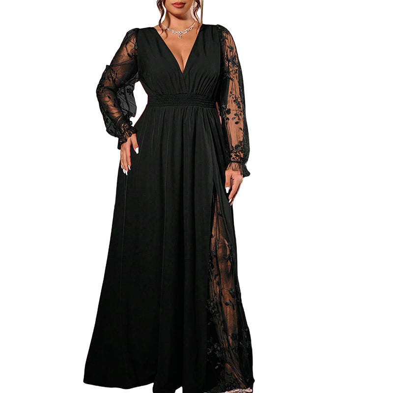 🌸 Women’s Elegant V Neck Lace Patchwork Maxi Dress – Elegant Feminine Style With Romantic Lace Details