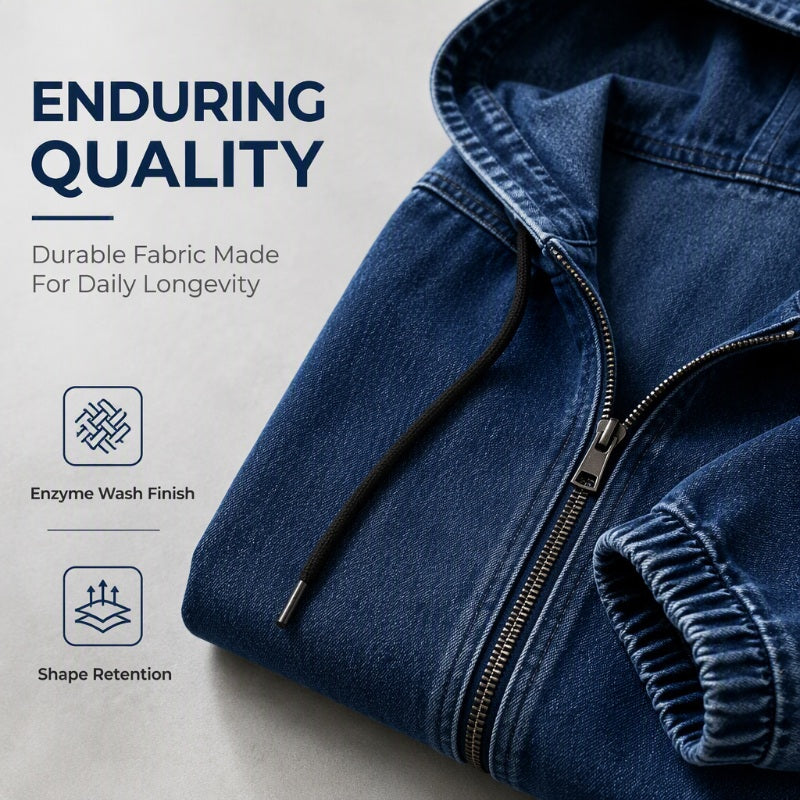 💙 Women's Casual Zip-Up Hooded Denim Jacket – Relaxed Fit & Adjustable Waist ✨