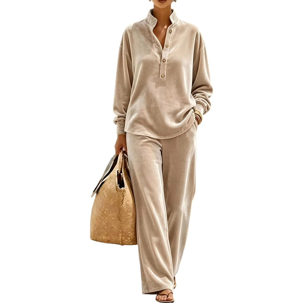 🤎Women's Long-Sleeve Button-Up Top & Wide-Leg Pants Set