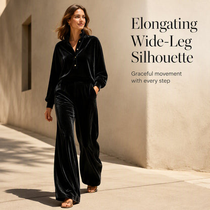 🤎Women's Long-Sleeve Button-Up Top & Wide-Leg Pants Set