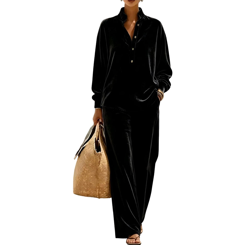 🤎Women's Long-Sleeve Button-Up Top & Wide-Leg Pants Set
