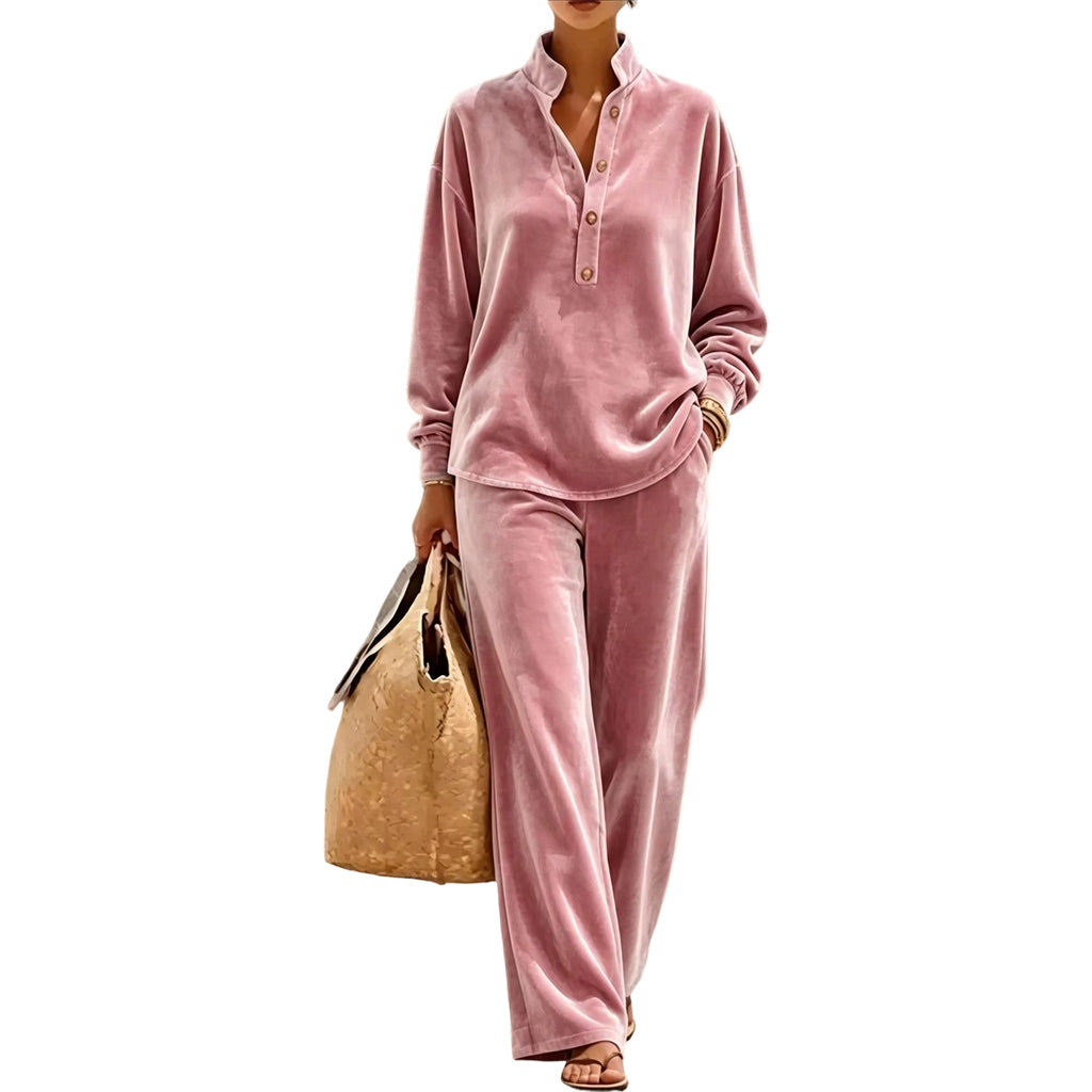 🤎Women's Long-Sleeve Button-Up Top & Wide-Leg Pants Set