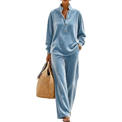 🤎Women's Long-Sleeve Button-Up Top & Wide-Leg Pants Set