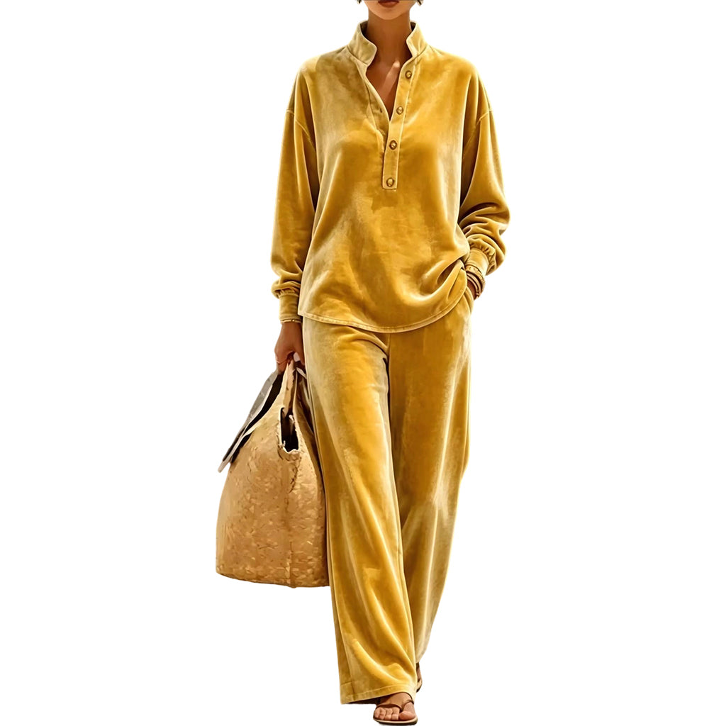 🤎Women's Long-Sleeve Button-Up Top & Wide-Leg Pants Set