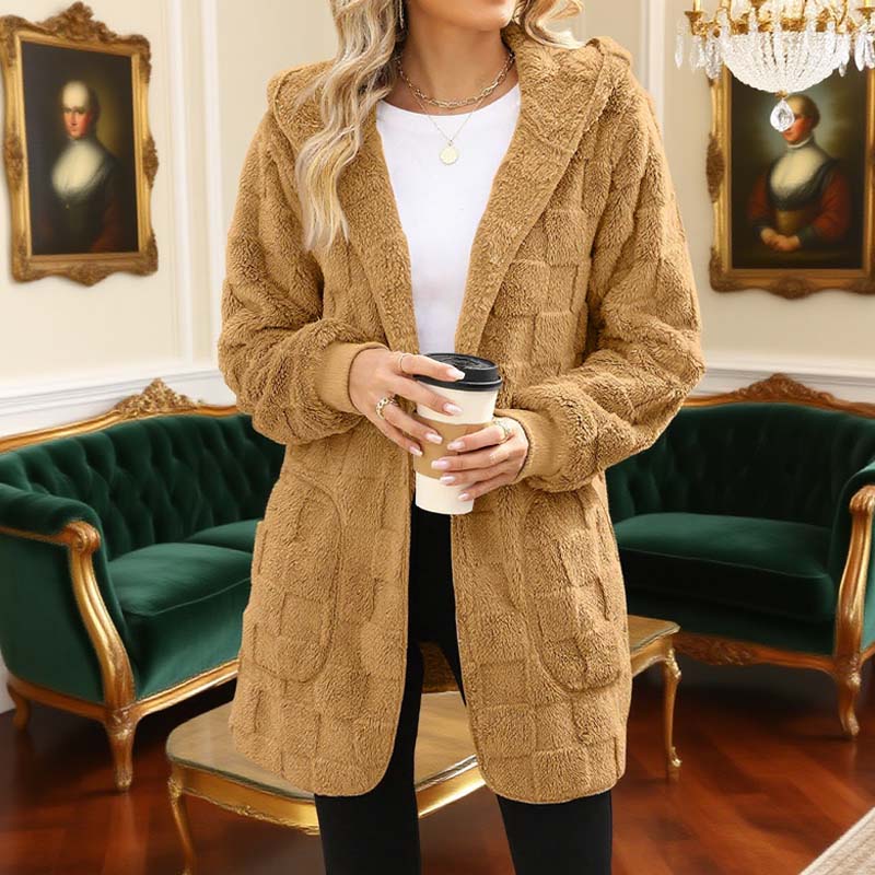 🌸 50% OFF NOW!Hooded Fluffy Fleece Cardigan, Textured Check Pattern Open Front Coat with Pockets