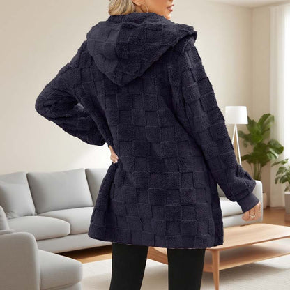 🌸 50% OFF NOW!Hooded Fluffy Fleece Cardigan, Textured Check Pattern Open Front Coat with Pockets