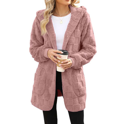 🌸 50% OFF NOW!Hooded Fluffy Fleece Cardigan, Textured Check Pattern Open Front Coat with Pockets